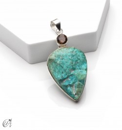 Silver pendant with rough chrysocolla and faceted smoky quartz, model 1