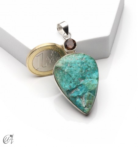 Silver pendant with rough chrysocolla and faceted smoky quartz, model 1