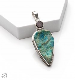 Silver pendant with rough chrysocolla and faceted smoky quartz, model 2