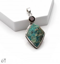 Silver pendant with rough chrysocolla and faceted smoky quartz, model 3