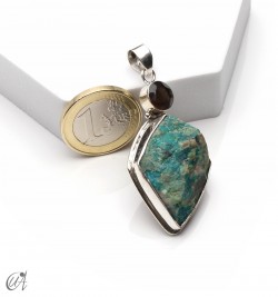 Silver pendant with rough chrysocolla and faceted smoky quartz, model 3