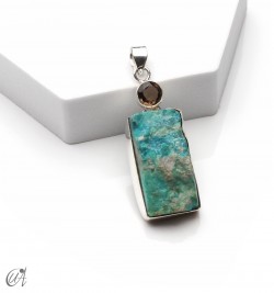 Silver pendant with rough chrysocolla and faceted smoky quartz, model 4