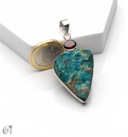 Silver pendant with rough chrysocolla and faceted garnet, model 2