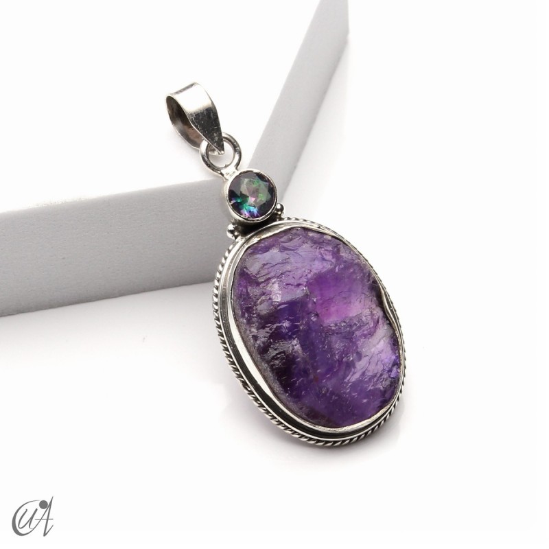 Rough amethyst and mystic quartz pendant in 925 silver, model 3