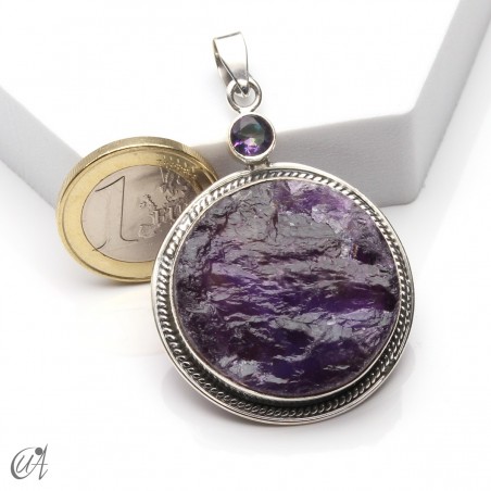 Rough amethyst and mystic quartz pendant in 925 silver, model 1
