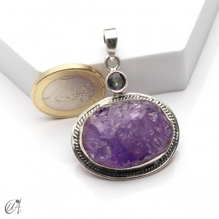 Rough amethyst and mystic quartz pendant in 925 silver, model 2