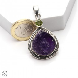 Rough amethyst and peridot pendant in 925 silver, model 4