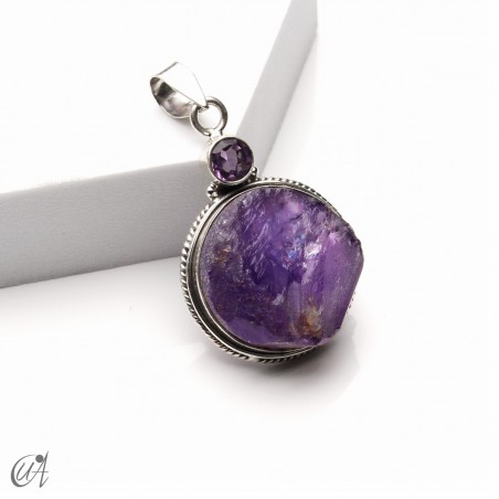Rough amethyst and faceted amethyst pendant in 925 silver, model 1