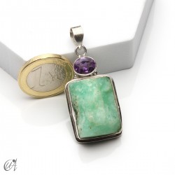 Rough chrysoprase and amethyst pendant in 925 silver, model 2