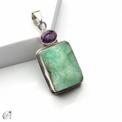 Rough chrysoprase and amethyst pendant in 925 silver, model 2