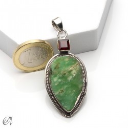 Rough chrysoprase and garnet pendant in 925 silver, model 4