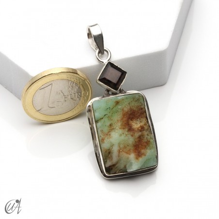Rough chrysoprase and smoky quartz pendant in 925 silver, model 1