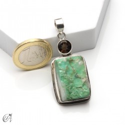 Rough chrysoprase and smoky quartz pendant in 925 silver, model 2