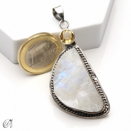 Rough moonstone with faceted citrine, silver pendant - model 1