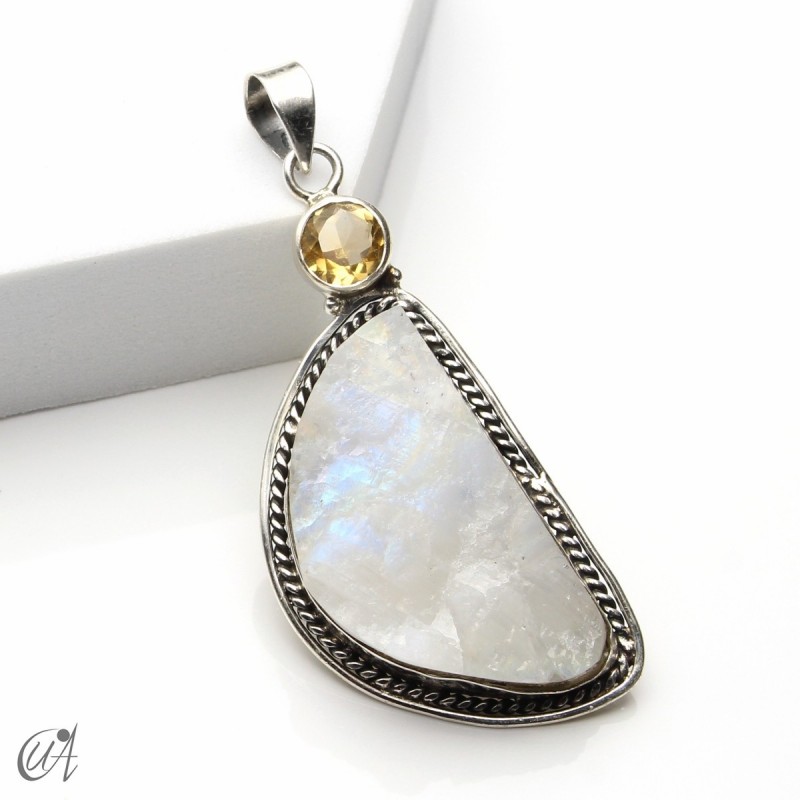Rough moonstone with faceted citrine, silver pendant - model 1