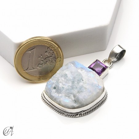 Piedra luna en bruto con ametista facetada, colgante en plata - modelo 1