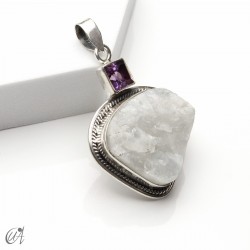 Piedra luna en bruto con ametista facetada, colgante en plata - modelo 3