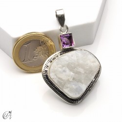 Rough moonstone with faceted amethyst, silver pendant - model 3