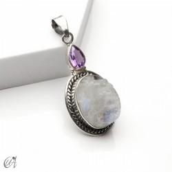 Piedra luna en bruto con ametista facetada, colgante en plata - modelo 4