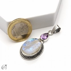 Piedra luna en bruto con ametista facetada, colgante en plata - modelo 4