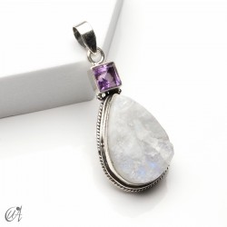 Rough moonstone with faceted amethyst, silver pendant - model 5