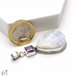 Piedra luna en bruto con ametista facetada, colgante en plata - modelo 5