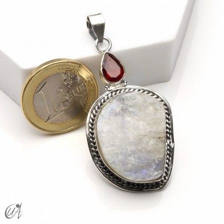 Rough moonstone with faceted garnet, silver pendant - model 1