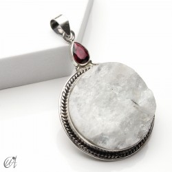 Rough moonstone with faceted garnet, silver pendant - model 2