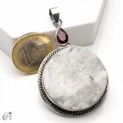 Piedra luna en bruto con granate facetado, colgante en plata - modelo 2