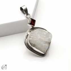 Rough moonstone with faceted garnet, silver pendant - model 3