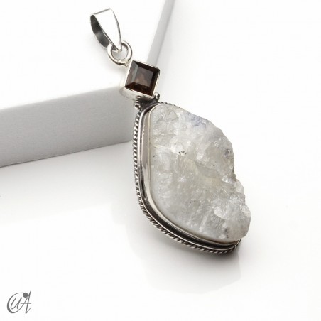 Rough moonstone with faceted smoky quartz, silver pendant - model 1