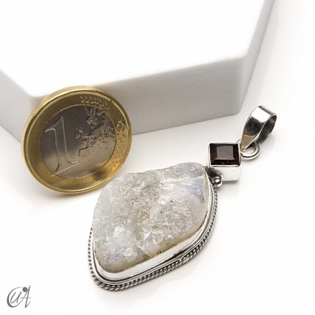 Rough moonstone with faceted smoky quartz, silver pendant - model 1