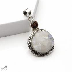 Rough moonstone with faceted smoky quartz, silver pendant - model 2