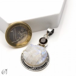Piedra luna en bruto con cuarzo ahumado facetado, colgante en plata - modelo 2