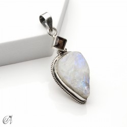 Piedra luna en bruto con cuarzo ahumado facetado, colgante en plata - modelo 3