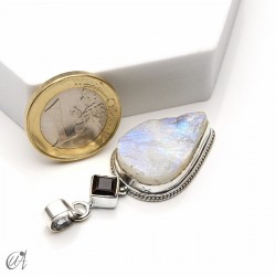 Rough moonstone with faceted smoky quartz, silver pendant - model 3