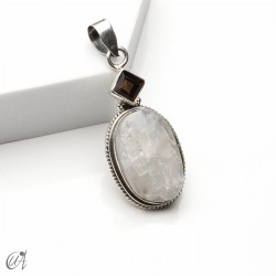 Rough moonstone with faceted smoky quartz, silver pendant - model 4