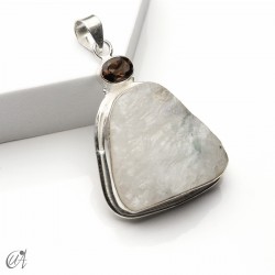 Rough moonstone with faceted smoky quartz, silver pendant - model 5