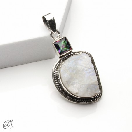 Piedra luna en bruto con cuarzo místico facetado, colgante en plata - modelo 1