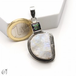 Rough moonstone with faceted mystic quartz, silver pendant - model 1