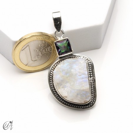 Rough moonstone with faceted mystic quartz, silver pendant - model 1