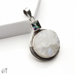 Rough moonstone with faceted mystic quartz, silver pendant - model 2
