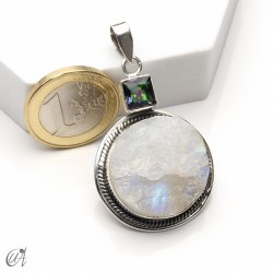 Rough moonstone with faceted mystic quartz, silver pendant - model 2