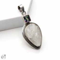 Rough moonstone with faceted mystic quartz, silver pendant - model 3