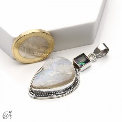 Piedra luna en bruto con cuarzo místico facetado, colgante en plata - modelo 3