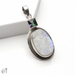 Piedra luna en bruto con cuarzo místico facetado, colgante en plata - modelo 4
