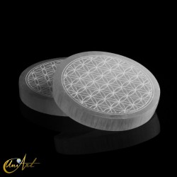 Engraved Selenite Disc with the Flower of Life, 10 cm