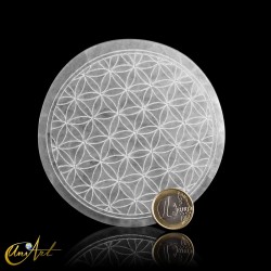 Engraved Selenite Disc with the Flower of Life, 10 cm