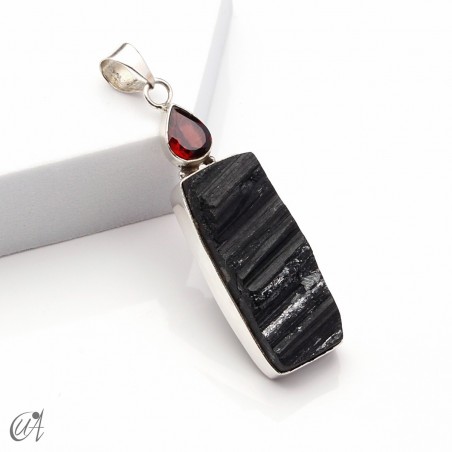 Rough black tourmaline pendant with garnet in sterling silver, model 1