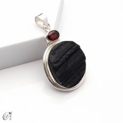 Rough black tourmaline pendant with garnet in sterling silver, model 2